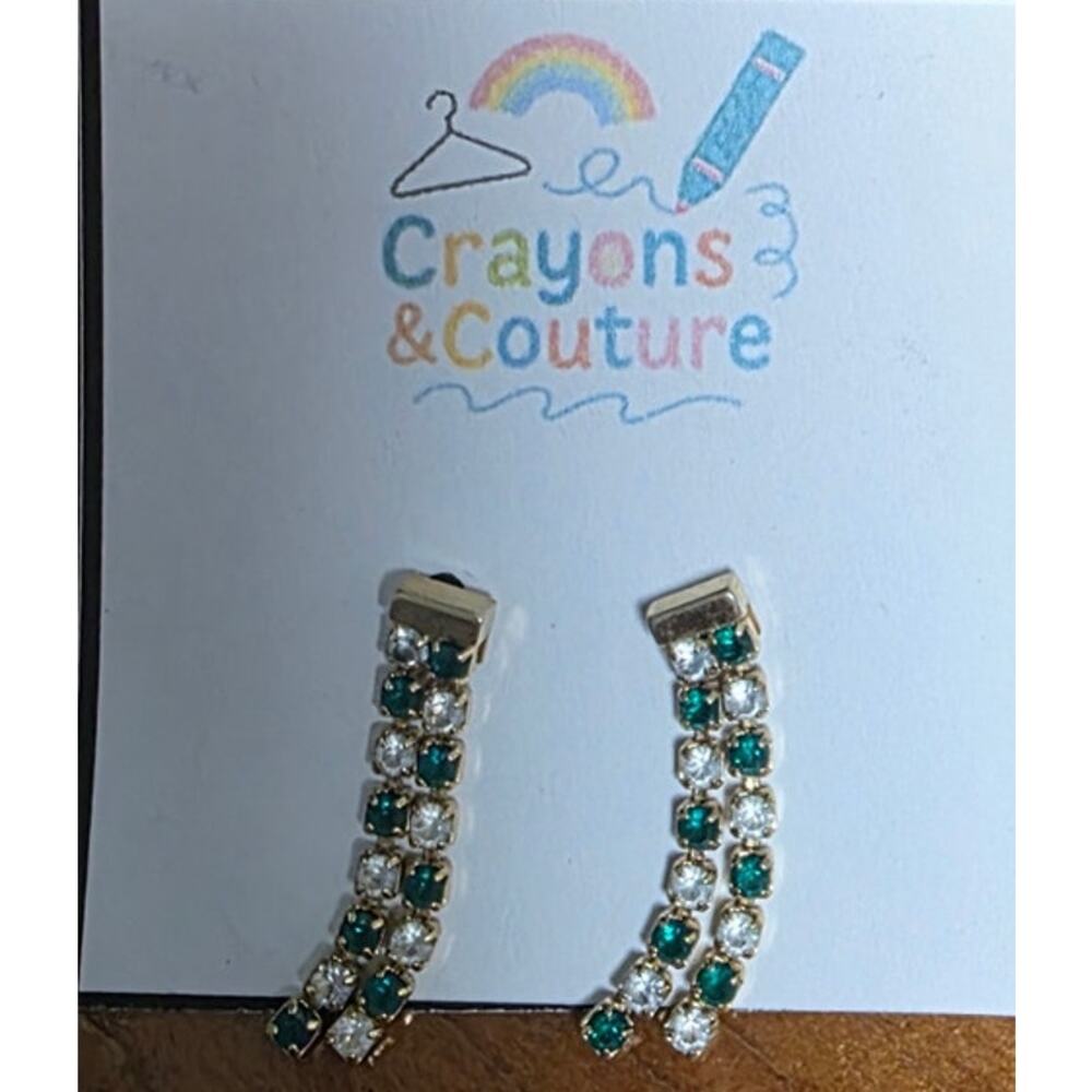 VTG Avon Green & Clear Rhinestone Dangle Earrings Gold Glam Sparkle Statement